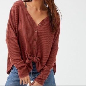 Urban Outfitters Waffle Knit Button Up Tie Front Top